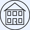 Flat icon of a commercial building representing commercial engineering consulting